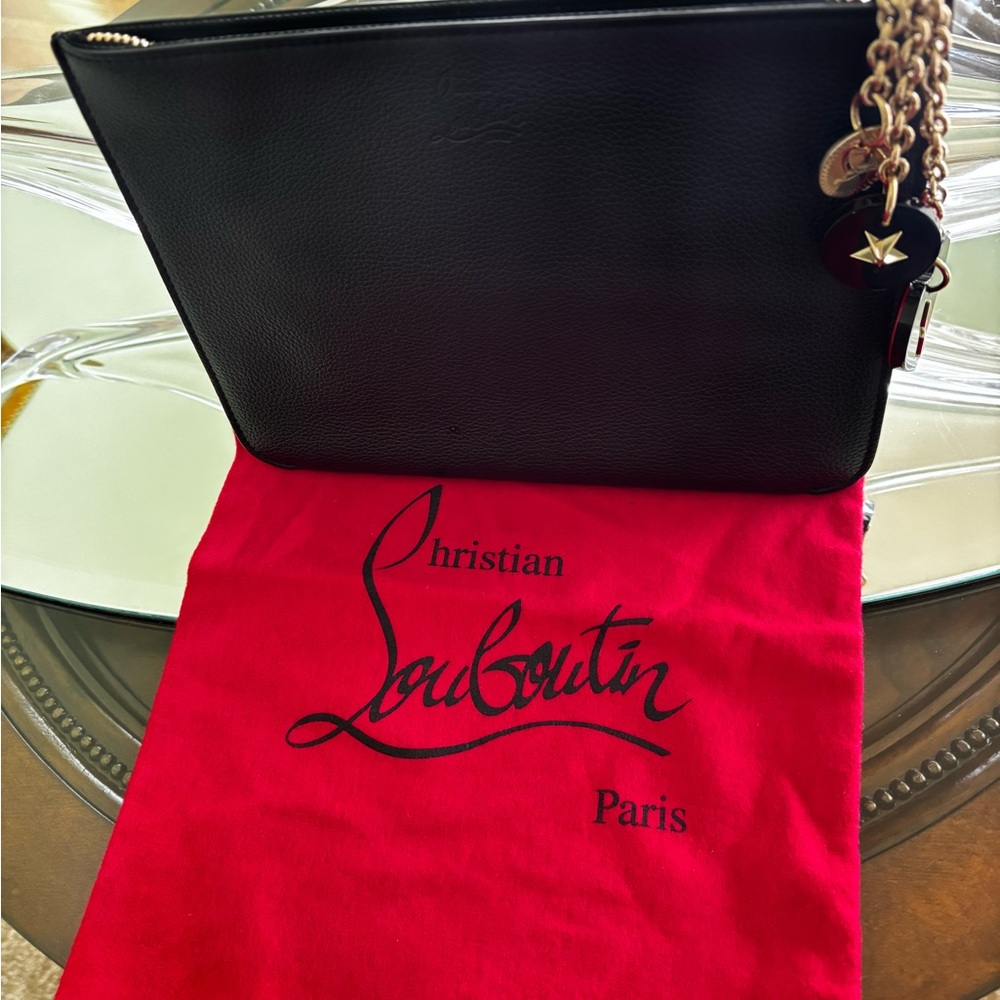 Christian Louboutin Black Leather Wristlet with Gold Charm Chain
